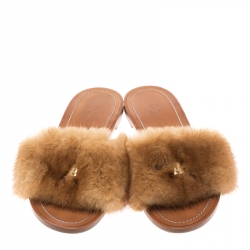 مملوكة مسبقًا Louis Vuitton Brown Mink Fur Lock It Flat Slides Size 38