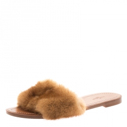 Louis Vuitton White Leather Open toe Mink Fur Lock It Flat Slides 36 LV  Sandals
