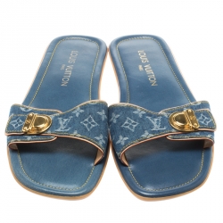 Pre Owned Louis Vuitton Blue Monogram Denim Buckle Detail Flat Slides Size 39