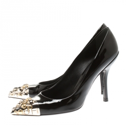 مملوكة مسبقًا حذاء كعب عالي لوي فيتون مقدمة مدببة مرصع برنيس جلد لامع أسود مقاس 37.5