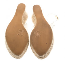 Pre Owned Louis Vuitton White Denim Monogram And Patent Leather Espadrilles Wedge Slingback Sandals Size 38