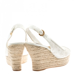 Pre Owned Louis Vuitton White Denim Monogram And Patent Leather Espadrilles Wedge Slingback Sandals Size 38