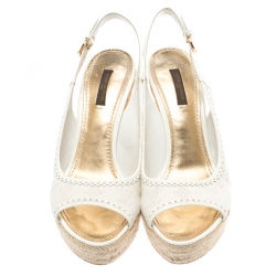 Pre Owned Louis Vuitton White Denim Monogram And Patent Leather Espadrilles Wedge Slingback Sandals Size 38