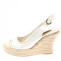 Pre Owned Louis Vuitton White Denim Monogram And Patent Leather Espadrilles Wedge Slingback Sandals Size 38