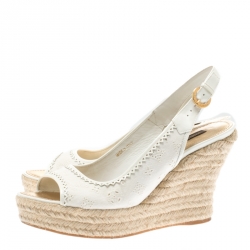 Pre Owned Louis Vuitton White Denim Monogram And Patent Leather Espadrilles Wedge Slingback Sandals Size 38