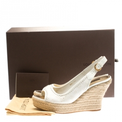 Pre Owned Louis Vuitton White Denim Monogram And Patent Leather Espadrilles Wedge Slingback Sandals Size 38