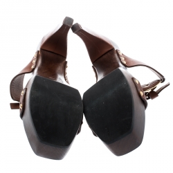 مملوكة مسبقًا Louis Vuitton Brown Leather Buckle Detail Knot Platform Open Toe Sandals Size 38