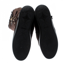 Pre Owned Louis Vuitton Brown Suede Buckle Detail Shearling Lined Knee High Flat Boots Size 38.5