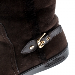 Pre Owned Louis Vuitton Brown Suede Buckle Detail Shearling Lined Knee High Flat Boots Size 38.5