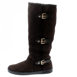 Pre Owned Louis Vuitton Brown Suede Buckle Detail Shearling Lined Knee High Flat Boots Size 38.5