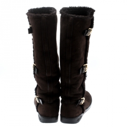 Pre Owned Louis Vuitton Brown Suede Buckle Detail Shearling Lined Knee High Flat Boots Size 38.5