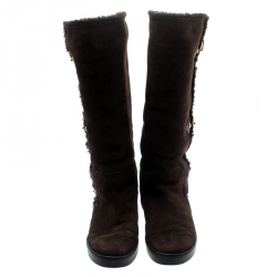 Pre Owned Louis Vuitton Brown Suede Buckle Detail Shearling Lined Knee High Flat Boots Size 38.5