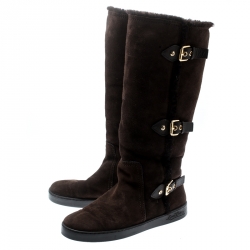 Pre Owned Louis Vuitton Brown Suede Buckle Detail Shearling Lined Knee High Flat Boots Size 38.5