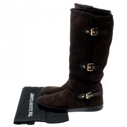 Pre Owned Louis Vuitton Brown Suede Buckle Detail Shearling Lined Knee High Flat Boots Size 38.5