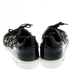 Louis Vuitton Black Patent Leather Frontrow Blossom Floral Embellished Low Top Sneakers Size 38.5