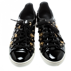 Louis Vuitton Black Patent Leather Frontrow Blossom Floral Embellished Low Top Sneakers Size 38.5