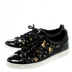 Louis Vuitton Black Patent Leather Frontrow Blossom Floral Embellished Low Top Sneakers Size 38.5