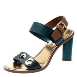 Pre Owned Louis Vuitton Green And Brown Leather Lounger Ankle Strap Open Toe Sandals Size 39