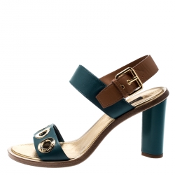 Pre Owned Louis Vuitton Green And Brown Leather Lounger Ankle Strap Open Toe Sandals Size 39