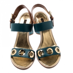 Pre Owned Louis Vuitton Green And Brown Leather Lounger Ankle Strap Open Toe Sandals Size 39