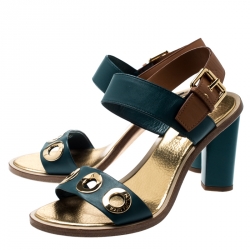 Pre Owned Louis Vuitton Green And Brown Leather Lounger Ankle Strap Open Toe Sandals Size 39