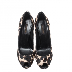 Pre Owned  Louis Vuitton Two Tone Leopard Print Pony Hair Oh Really Peep Toe Pumps 36.5