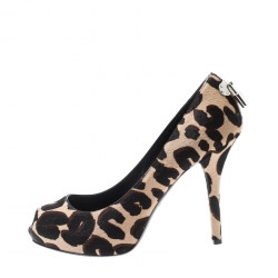 Pre Owned  Louis Vuitton Two Tone Leopard Print Pony Hair Oh Really Peep Toe Pumps 36.5