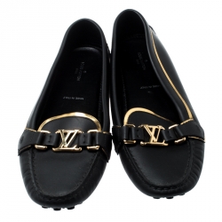 Pre Owned Louis Vuitton Metallic Gold And Black Leather Oxford Logo Detail Loafers Size 40