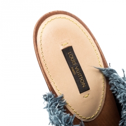 Pre Owned Louis Vuitton Denim And Leather Trim Buckle Platform Mules Size 39