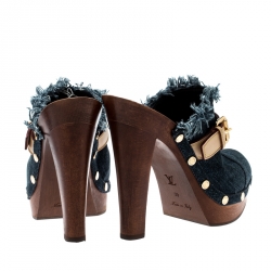 Pre Owned Louis Vuitton Denim And Leather Trim Buckle Platform Mules Size 39