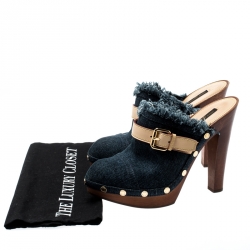 Pre Owned Louis Vuitton Denim And Leather Trim Buckle Platform Mules Size 39