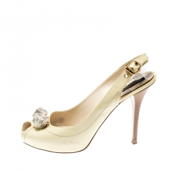 Pre Owned Louis Vuitton Citrine Vernis Dice Peep Toe Sling Back Sandals Size 39.5