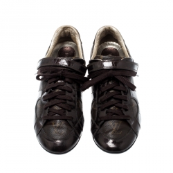 Louis Vuitton Brown Patent Leather And Monogram Canvas Lace Up Sneakers Size 36.5