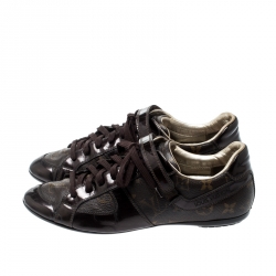 Louis Vuitton Brown Patent Leather And Monogram Canvas Lace Up Sneakers Size 36.5