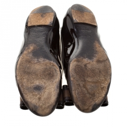 Pre Owned Louis Vuitton Brown Patent Leather And Damier Ebene Canvas Bow Ballet Flat Size 40
