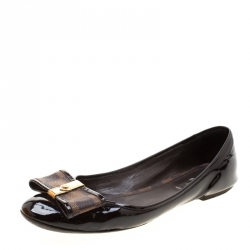 Pre Owned Louis Vuitton Brown Patent Leather And Damier Ebene Canvas Bow Ballet Flat Size 40