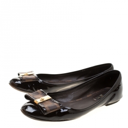Pre Owned Louis Vuitton Brown Patent Leather And Damier Ebene Canvas Bow Ballet Flat Size 40