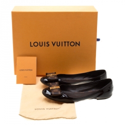 Pre Owned Louis Vuitton Brown Patent Leather And Damier Ebene Canvas Bow Ballet Flat Size 40