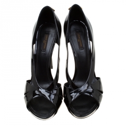 Pre Owned Louis Vuitton Black Patent Leather Lock Detail Cut Out Open Toe Platform Pumps Size 39
