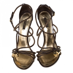 Pre Owned Louis Vuitton Patent Leather And Canvas Strappy Wedge Sandals Size 40