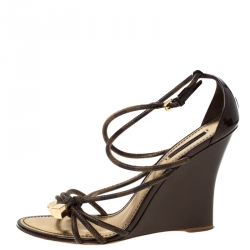 Pre Owned Louis Vuitton Patent Leather And Canvas Strappy Wedge Sandals Size 40