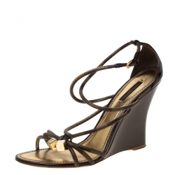 Pre Owned Louis Vuitton Patent Leather And Canvas Strappy Wedge Sandals Size 40