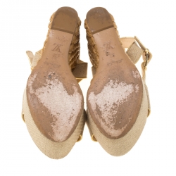 Pre Owned Louis Vuitton Cream/Gold Canvas Tuileries Platform Wedge Ankle Strap Sandals Size 37