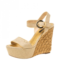 Pre Owned Louis Vuitton Cream/Gold Canvas Tuileries Platform Wedge Ankle Strap Sandals Size 37