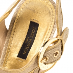 Pre Owned Louis Vuitton Cream/Gold Canvas Tuileries Platform Wedge Ankle Strap Sandals Size 37