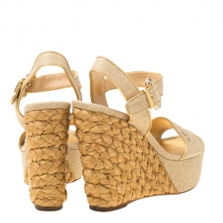Pre Owned Louis Vuitton Cream/Gold Canvas Tuileries Platform Wedge Ankle Strap Sandals Size 37