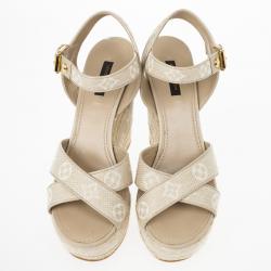 Pre Owned Louis Vuitton Beige Monogram Denim Formentera Espadrilles Wedge Sandals Size 39.5