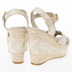 Pre Owned Louis Vuitton Beige Monogram Denim Formentera Espadrilles Wedge Sandals Size 39.5