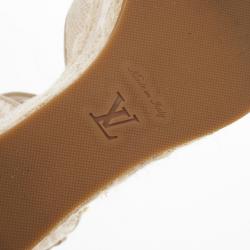 Pre Owned Louis Vuitton Beige Monogram Denim Formentera Espadrilles Wedge Sandals Size 39.5