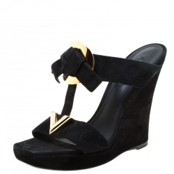 Pre Owned صدل لوي فيتون سويدي أسود كعب روكي نعل سميك مقاس 37